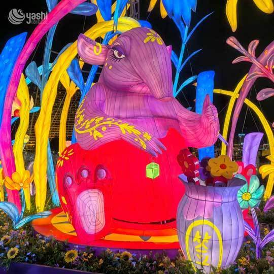 Custom Fantasy Mythical Tapir Beast LED Lantern Sculpture, Floral Scene for Commercial Lantern Festival