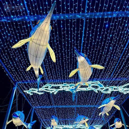Custom Marlin Fish LED Lantern Tunnel Set, Ocean Animal Hanging Light Sculptures for Aquatic‑Theme Night Festival