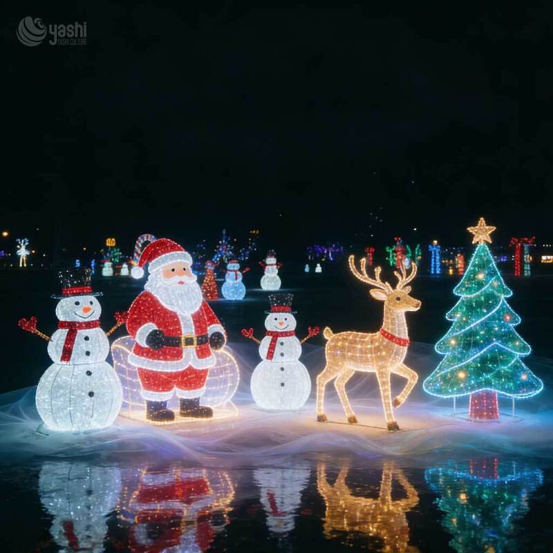 Custom Outdoor Christmas Decor Lighting Solution: LED Santa Claus Figure with Gift Box Lights for Commercial Displays