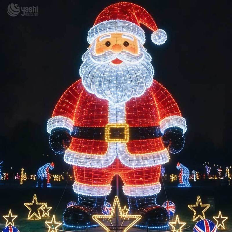Custom Outdoor Christmas Decor Lighting Solution: LED Santa Claus Figure with Gift Box Lights for Commercial Displays