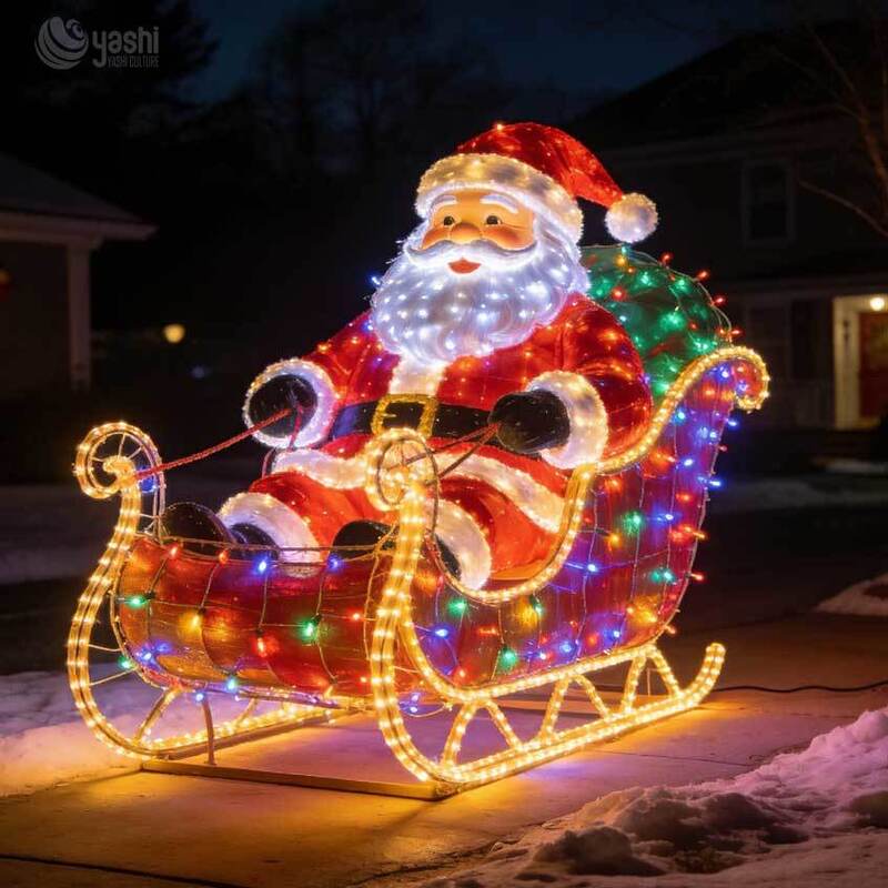 Custom Outdoor Christmas Decor Lighting Solution: LED Santa Claus Figure with Gift Box Lights for Commercial Displays