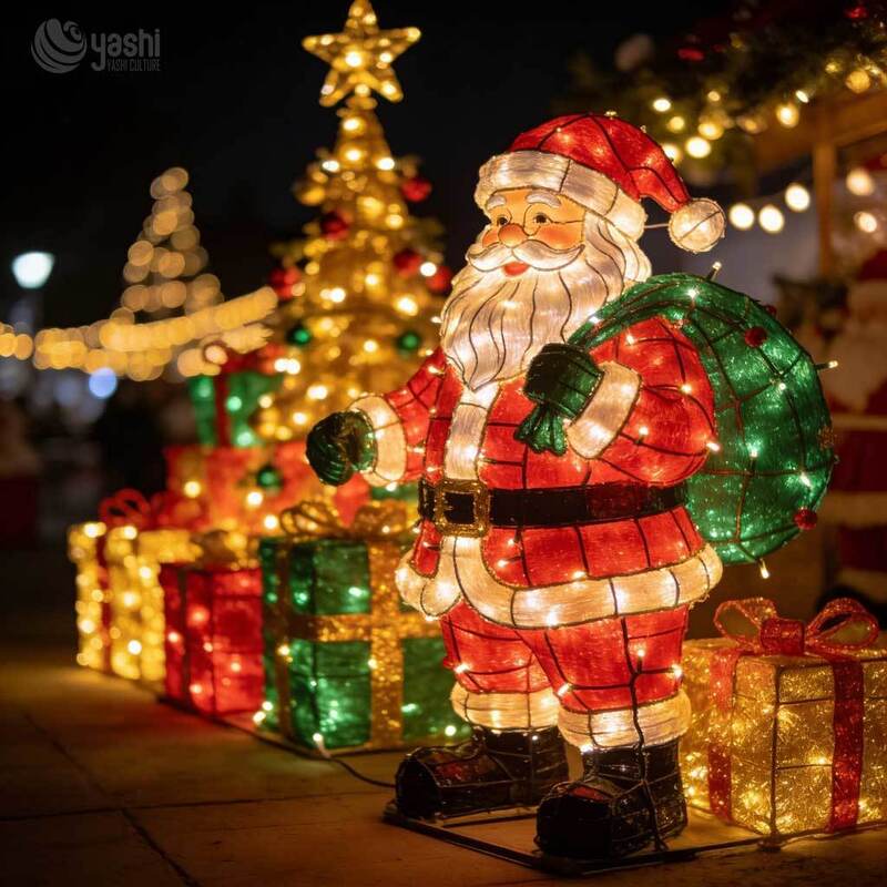 Custom Outdoor Christmas Decor Lighting Solution: LED Santa Claus Figure with Gift Box Lights for Commercial Displays