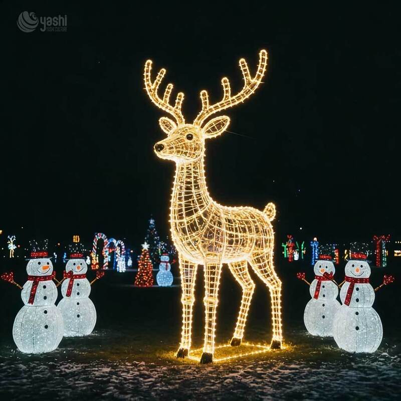 Custom Large Ice Blue LED Wire Frame Christmas Tree With Snowman Light Sculpture Set, Outdoor Commercial Christmas Landscape Lights