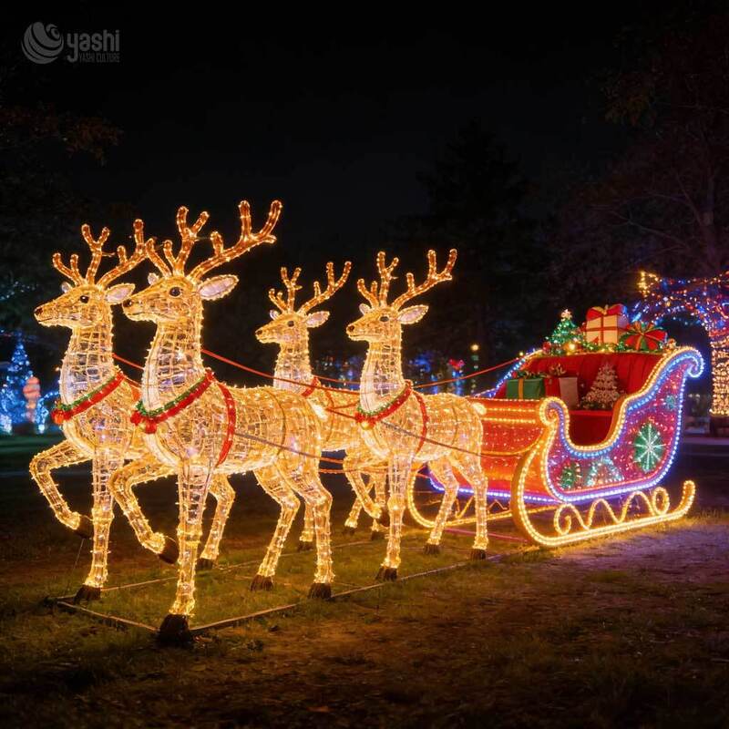 Custom Giant LED Reindeer & Sleigh Light Sculpture Outdoor Christmas Decoration for Malls, Theme Parks & Festivals