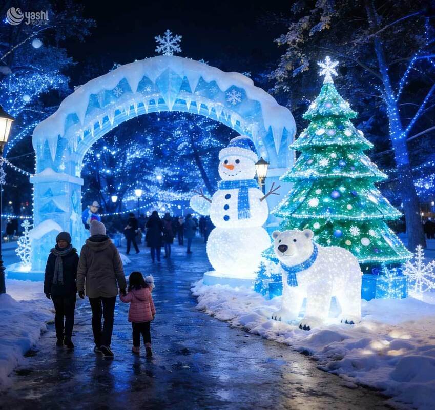 Winter Ice Cave Light Arch Set, Snowman & Polar Bear LED Light Sculpture, Outdoor Christmas Festival Motif Lights