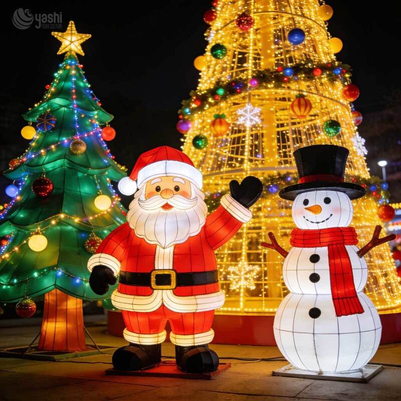 Commercial Santa Claus & Snowman Light Sculpture Set, Outdoor Illuminated Christmas Scene Lanterns for Light Festival