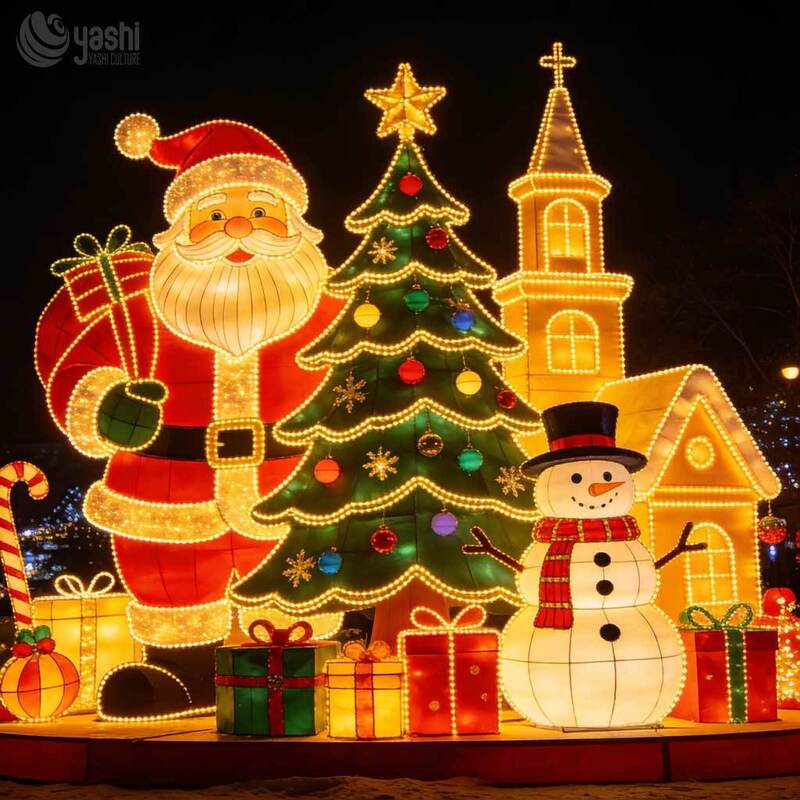 Commercial Santa Claus & Snowman Light Sculpture Set, Outdoor Illuminated Christmas Scene Lanterns for Light Festival