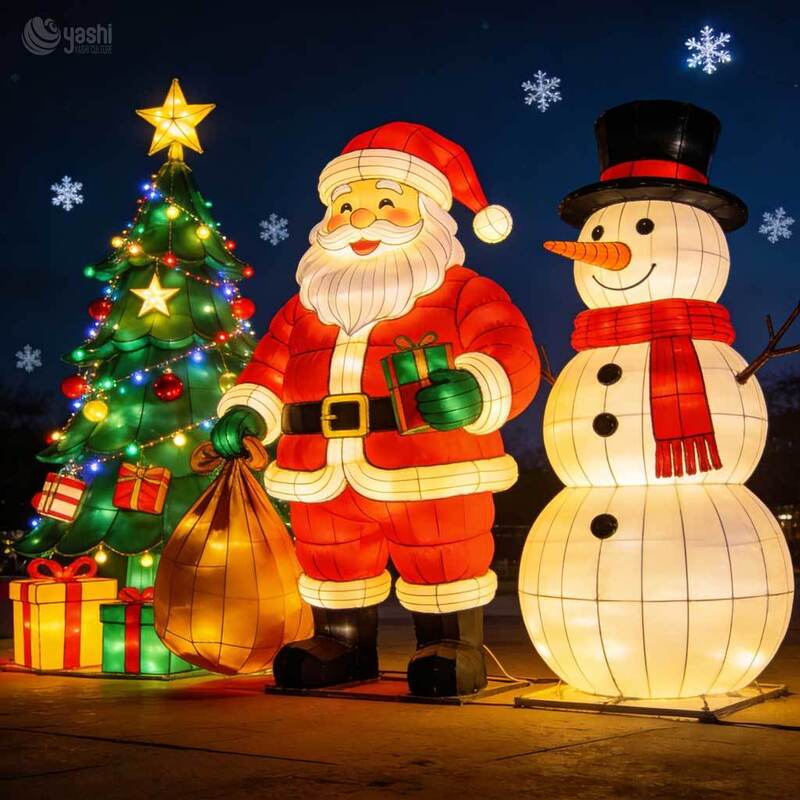 Commercial Santa Claus & Snowman Light Sculpture Set, Outdoor Illuminated Christmas Scene Lanterns for Light Festival