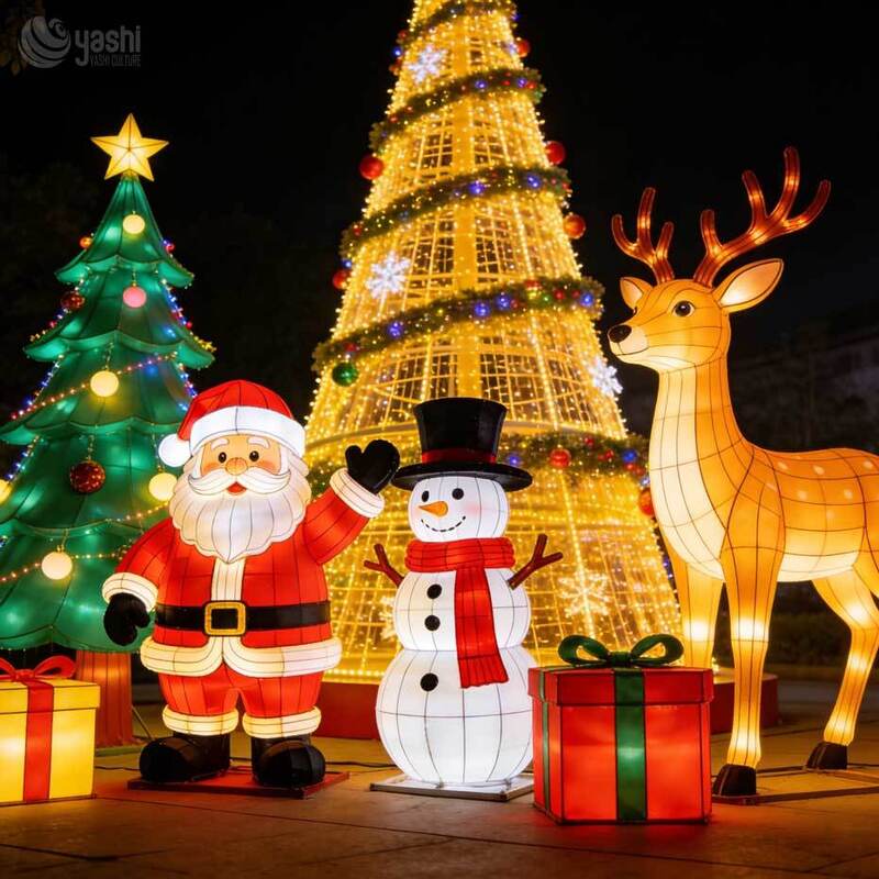 Commercial Santa Claus & Snowman Light Sculpture Set, Outdoor Illuminated Christmas Scene Lanterns for Light Festival