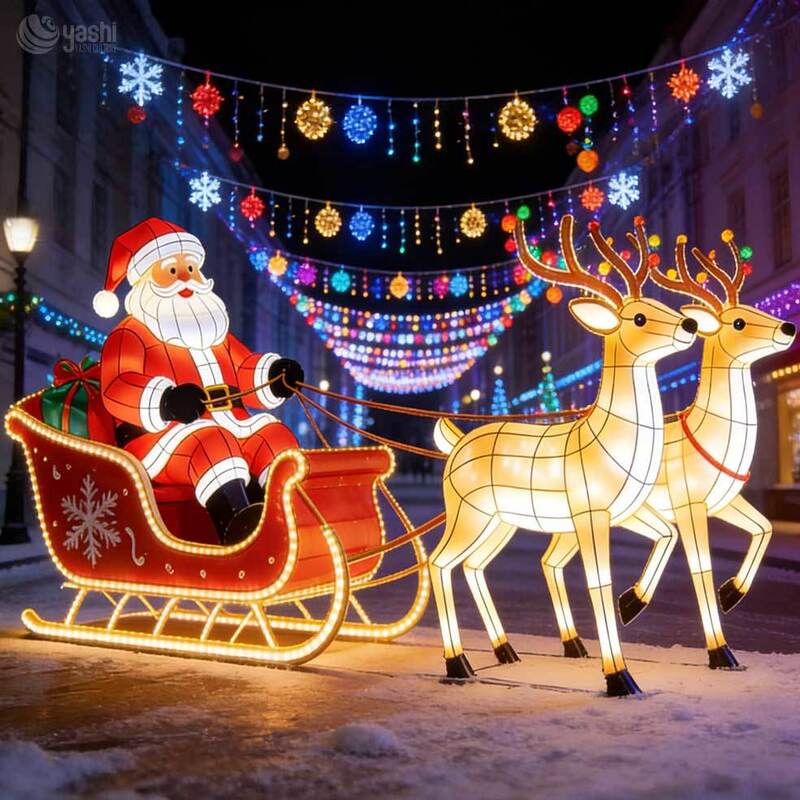 Custom Santa Sleigh & Reindeer LED Light Sculpture, Christmas Sleigh Light Set for Plaza & Mall Holiday Exhibition