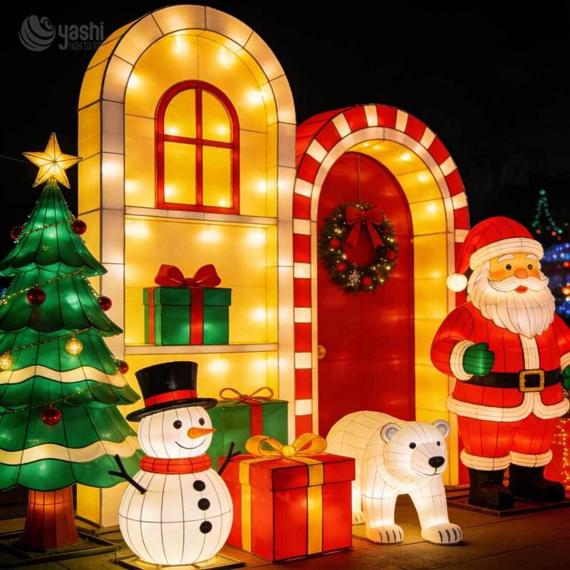 Commercial Christmas Village Light Sculpture Set, Illuminated Santa Snowman Polar Bear Scene Lanterns for Outdoor Festival Display