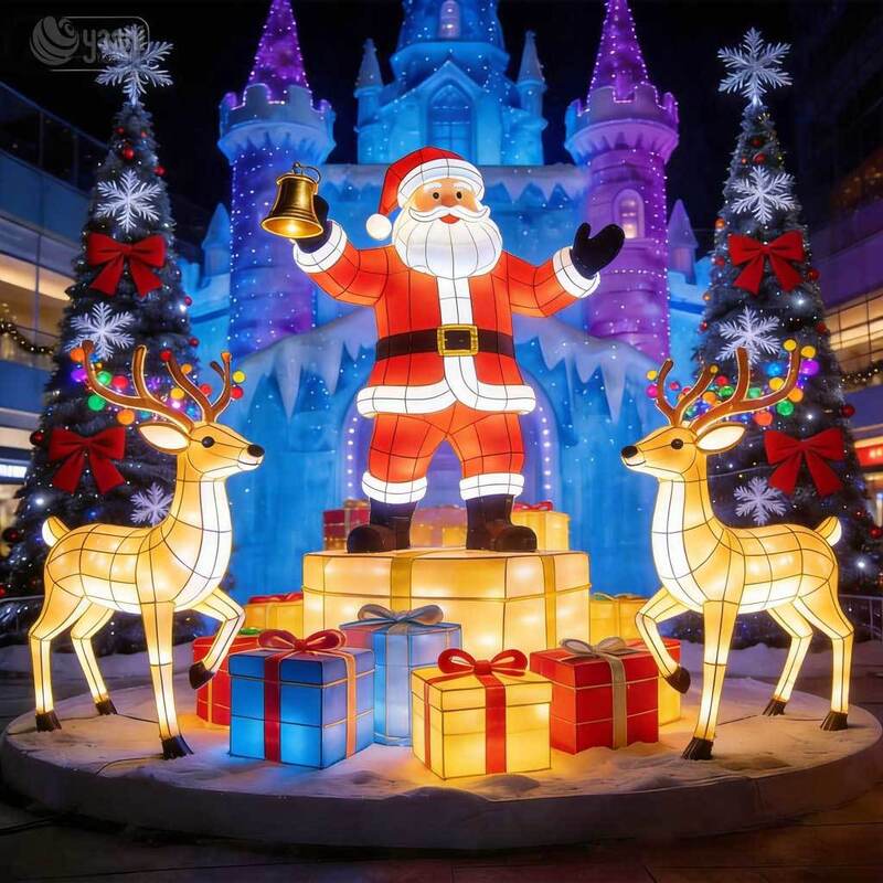 Commercial Christmas Village Light Sculpture Set, Illuminated Santa Snowman Polar Bear Scene Lanterns for Outdoor Festival Display