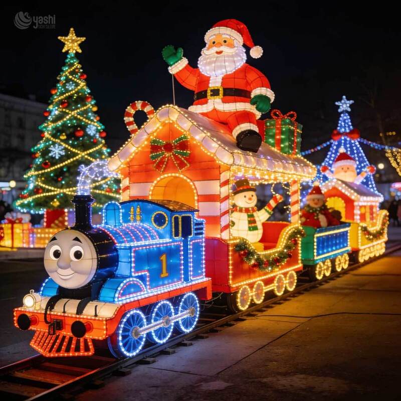 Commercial LED Christmas Train Light Sculpture Scene, Giant Illuminated Santa Train Lantern Set for Outdoor Light Festival
