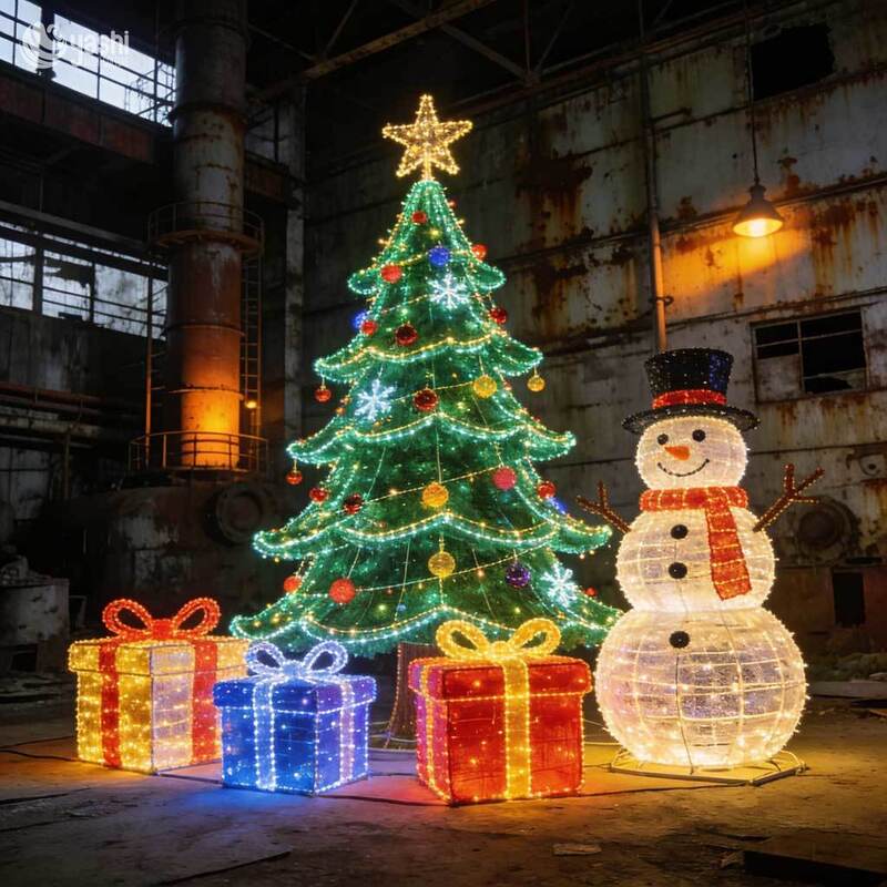 Commercial Lighted Reindeer Sleigh & Christmas Tree Scene Set, Giant Outdoor LED Christmas Light Sculpture for Festival Display