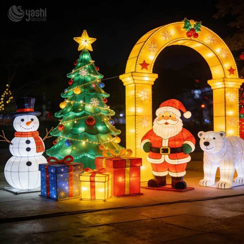 Commercial Lighted Reindeer Sleigh & Christmas Tree Scene Set, Giant Outdoor LED Christmas Light Sculpture for Festival Display