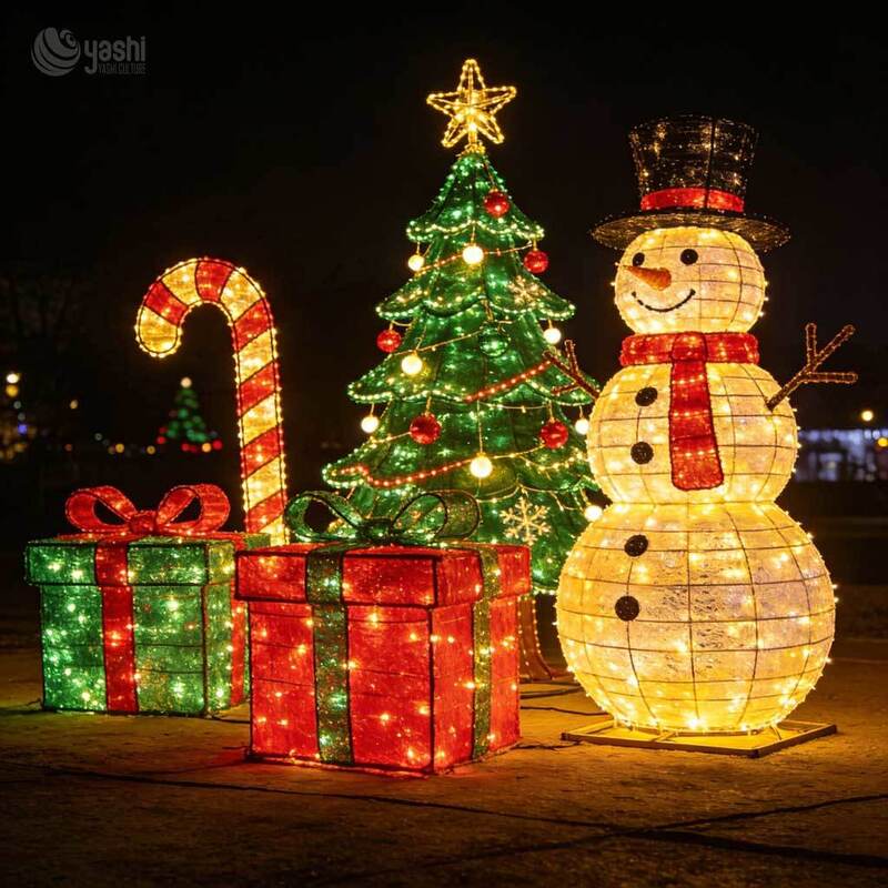 Commercial Lighted Reindeer Sleigh & Christmas Tree Scene Set, Giant Outdoor LED Christmas Light Sculpture for Festival Display