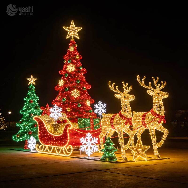 Commercial Lighted Reindeer Sleigh & Christmas Tree Scene Set, Giant Outdoor LED Christmas Light Sculpture for Festival Display
