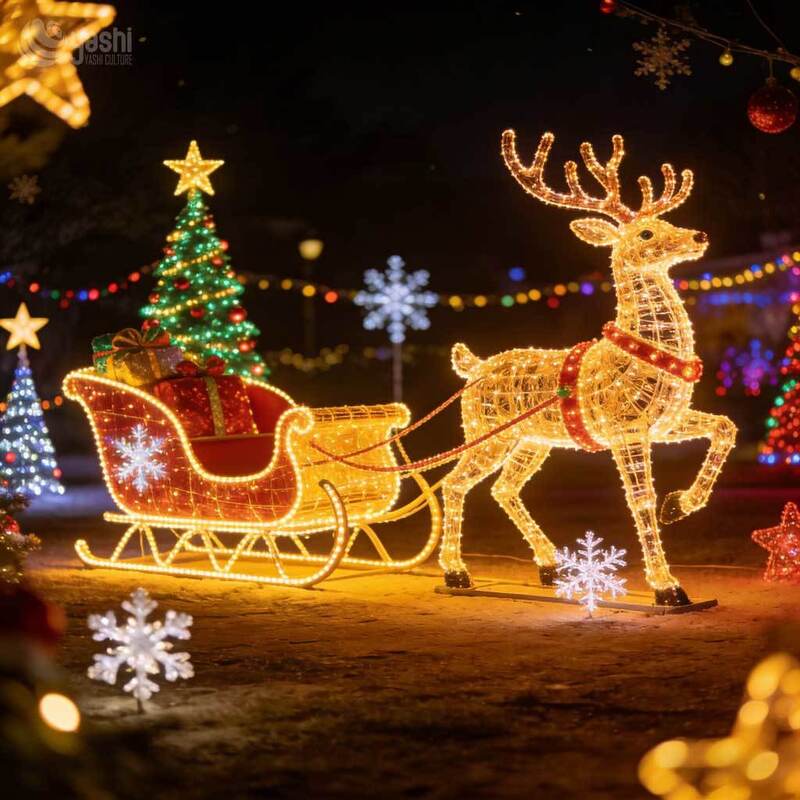 Commercial Lighted Reindeer Sleigh & Christmas Tree Scene Set, Giant Outdoor LED Christmas Light Sculpture for Festival Display