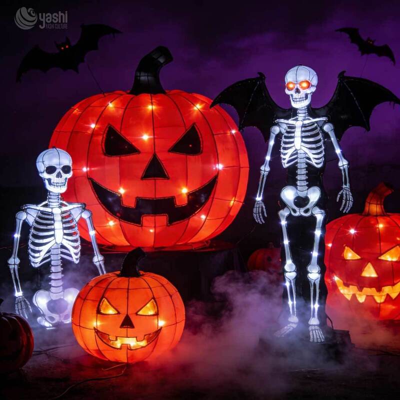 Custom Giant Skull Halloween Lantern, Large LED Skull Head Lantern with Graveyard & Pumpkin Scene for Festival Display