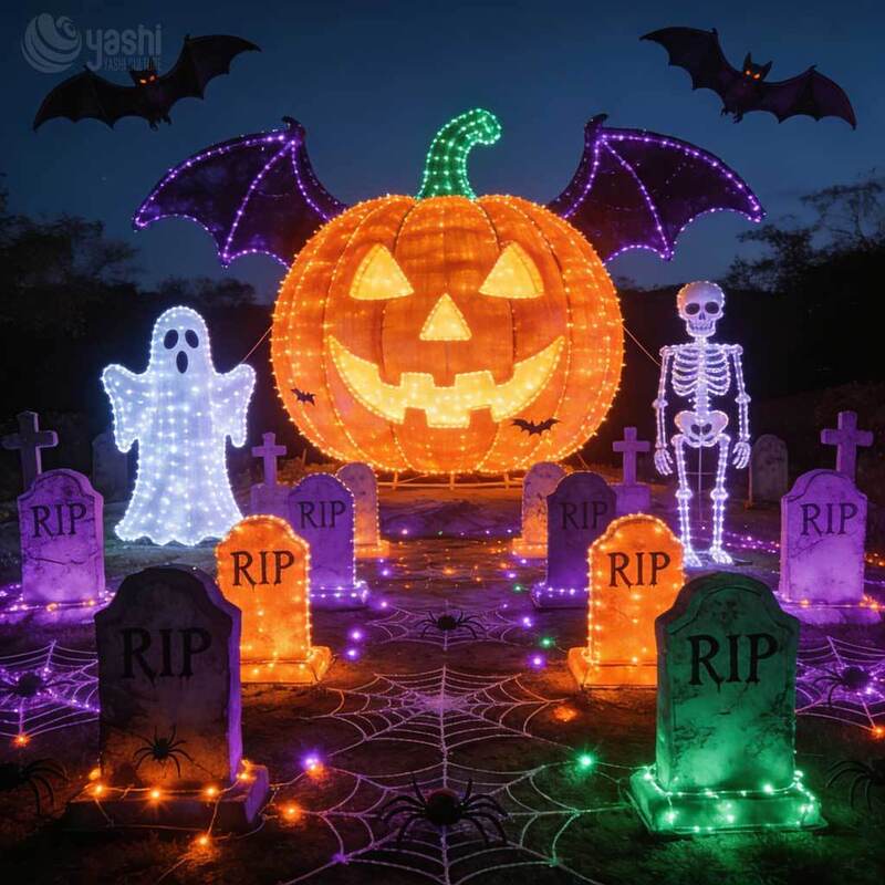 Custom Giant Skull Halloween Lantern, Large LED Skull Head Lantern with Graveyard & Pumpkin Scene for Festival Display