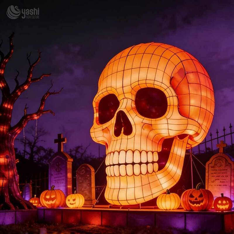 Custom Giant Skull Halloween Lantern, Large LED Skull Head Lantern with Graveyard & Pumpkin Scene for Festival Display