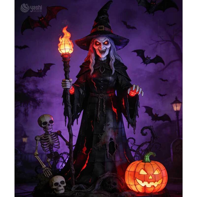 Custom Halloween Witch Lantern with Broomstick, Large LED Spooky Witch Figure Lantern for Halloween Theme Park Display