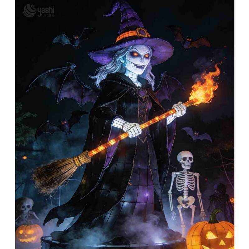 Custom Halloween Witch Lantern with Broomstick, Large LED Spooky Witch Figure Lantern for Halloween Theme Park Display