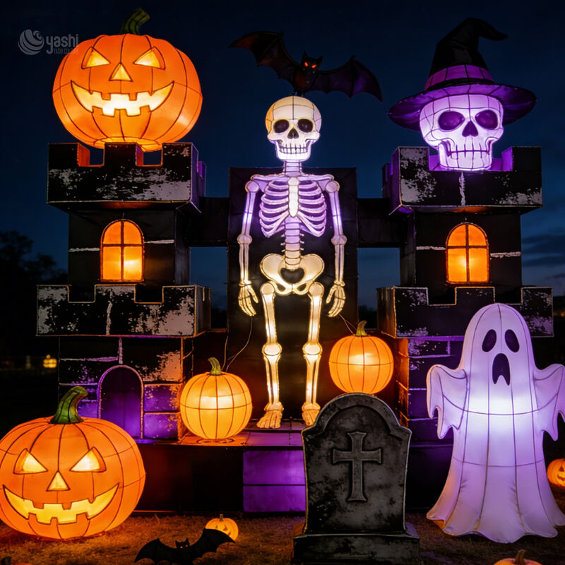 Halloween Witch Scene LED Light Sculpture Giant Pumpkin Bat Outdoor Festival Decoration Lighting Solution