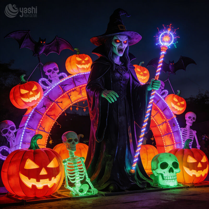 Custom Evil Witch Halloween Lantern Set, Large‑Size LED Witch Figure Lantern with Pumpkin Bat Spider Web for Festival Display
