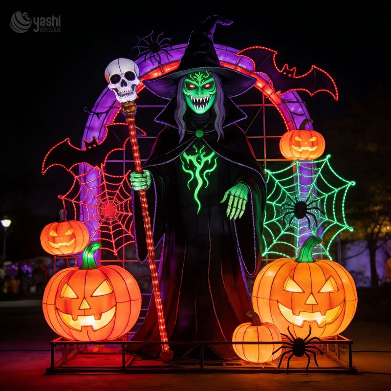 Custom Evil Witch Halloween Lantern Set, Large‑Size LED Witch Figure Lantern with Pumpkin Bat Spider Web for Festival Display