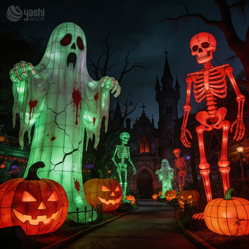 Custom Halloween Ghost & Skeleton Lantern Group, Large‑Size LED Spooky Scene Lantern Set with Pumpkins for Theme Park Display