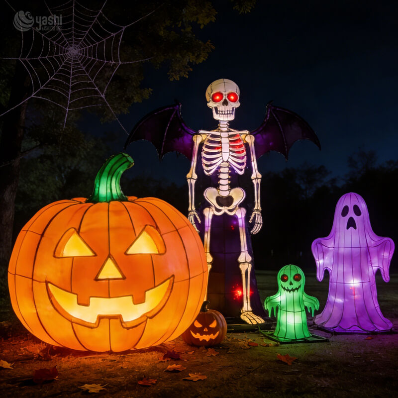 Custom Halloween Ghost & Skeleton Lantern Group, Large‑Size LED Spooky Scene Lantern Set with Pumpkins for Theme Park Display