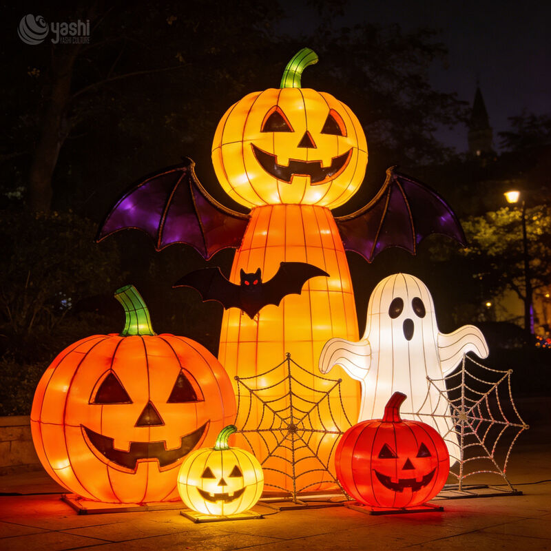 Custom Halloween Ghost & Skeleton Lantern Group, Large‑Size LED Spooky Scene Lantern Set with Pumpkins for Theme Park Display