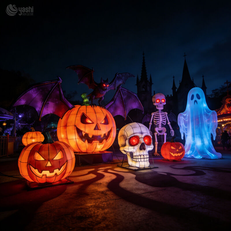 Custom Halloween Ghost & Skeleton Lantern Group, Large‑Size LED Spooky Scene Lantern Set with Pumpkins for Theme Park Display