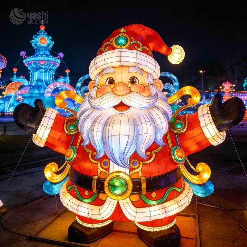Outdoor Custom Christmas Santa LED Lantern Sculpture for Large Holiday Scene Commercial Lighting