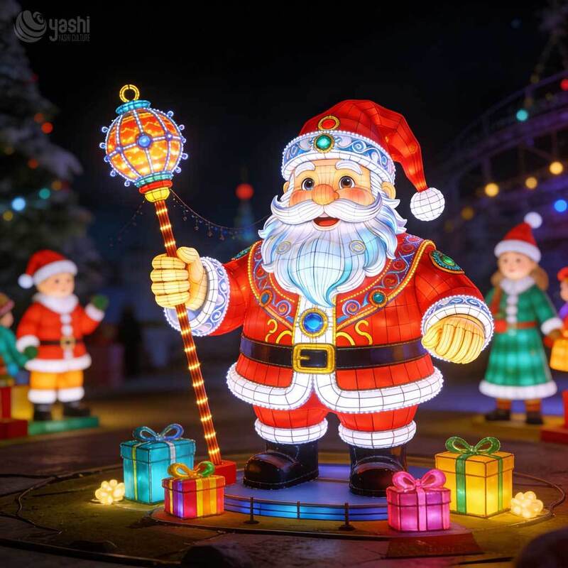 Giant Santa Claus Light Sculpture with Magic Staff, Custom Outdoor LED Christmas Lantern for Festival Light Exhibition