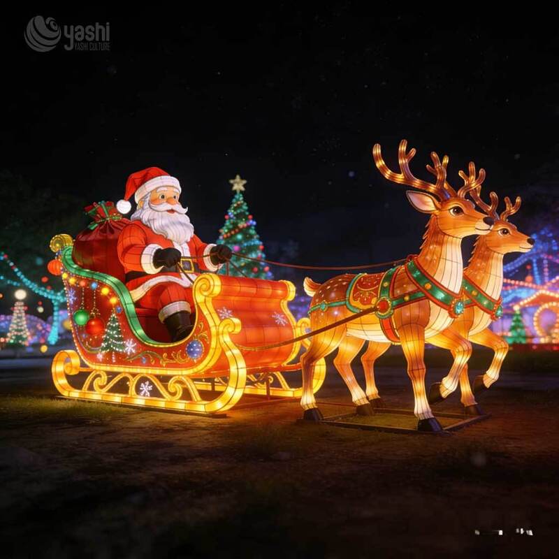 Santa Claus Reindeer Sleigh Light Sculpture Set, Custom Outdoor LED Christmas Lantern for Light Festival