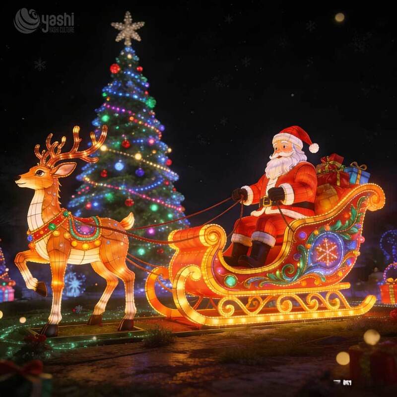 Santa Claus Reindeer Sleigh Light Sculpture Set, Custom Outdoor LED Christmas Lantern for Light Festival