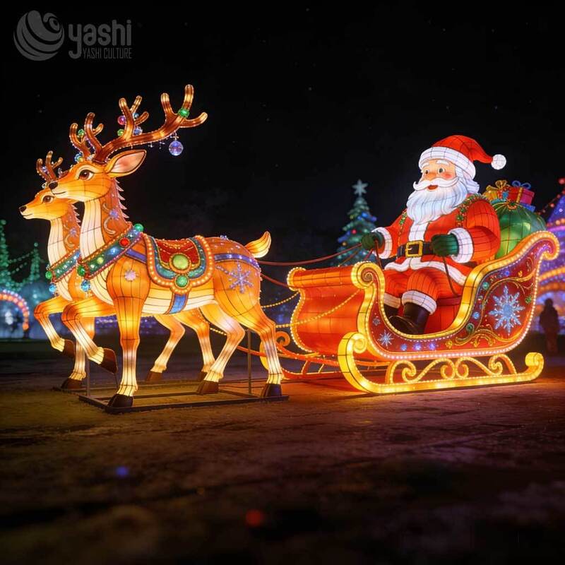 Santa Claus Reindeer Sleigh Light Sculpture Set, Custom Outdoor LED Christmas Lantern for Light Festival