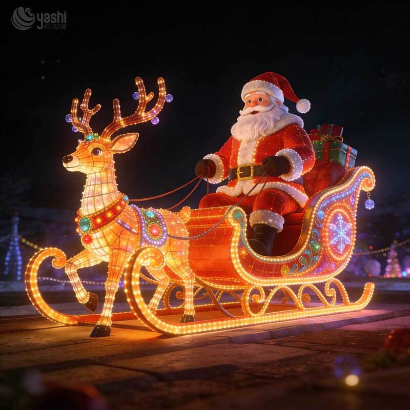 Two Reindeer Empty Sleigh Light Sculpture, Custom Outdoor LED Christmas Gift Sleigh Lantern for Light Festival