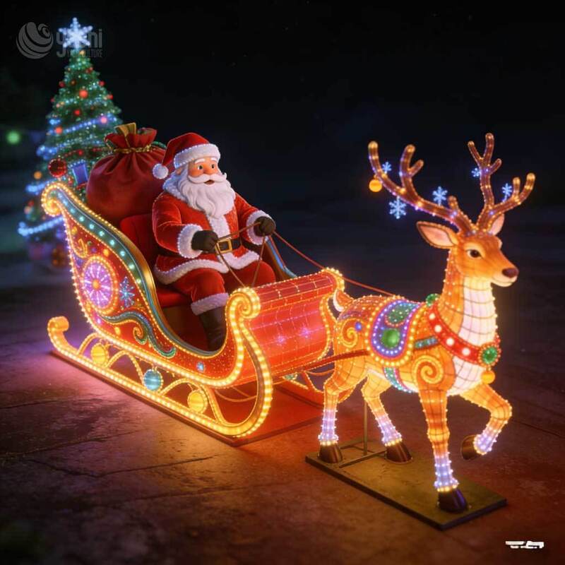 Two Reindeer Empty Sleigh Light Sculpture, Custom Outdoor LED Christmas Gift Sleigh Lantern for Light Festival
