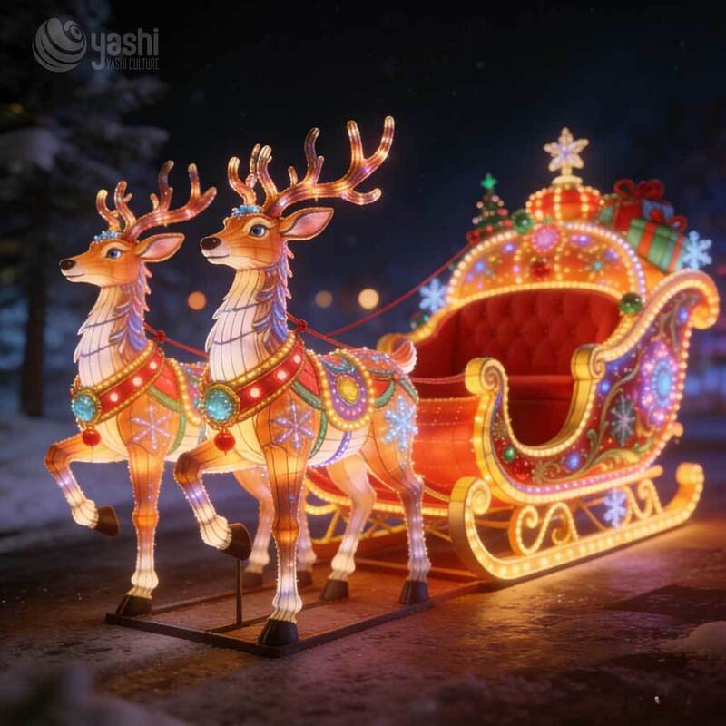 Two Reindeer Empty Sleigh Light Sculpture, Custom Outdoor LED Christmas Gift Sleigh Lantern for Light Festival