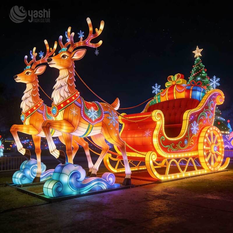 Two Reindeer Empty Sleigh Light Sculpture, Custom Outdoor LED Christmas Gift Sleigh Lantern for Light Festival