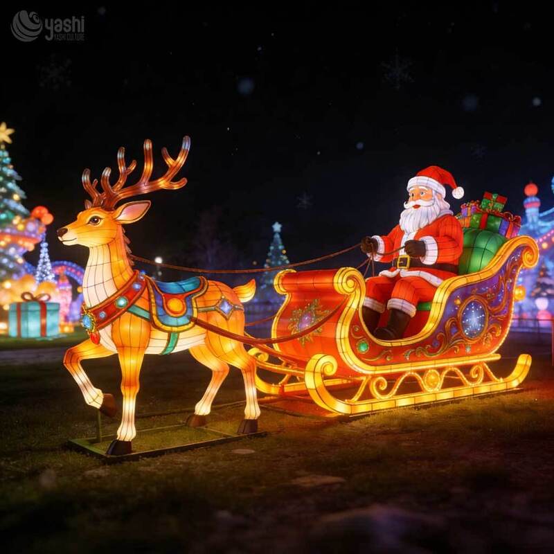 Two Reindeer Empty Sleigh Light Sculpture, Custom Outdoor LED Christmas Gift Sleigh Lantern for Light Festival