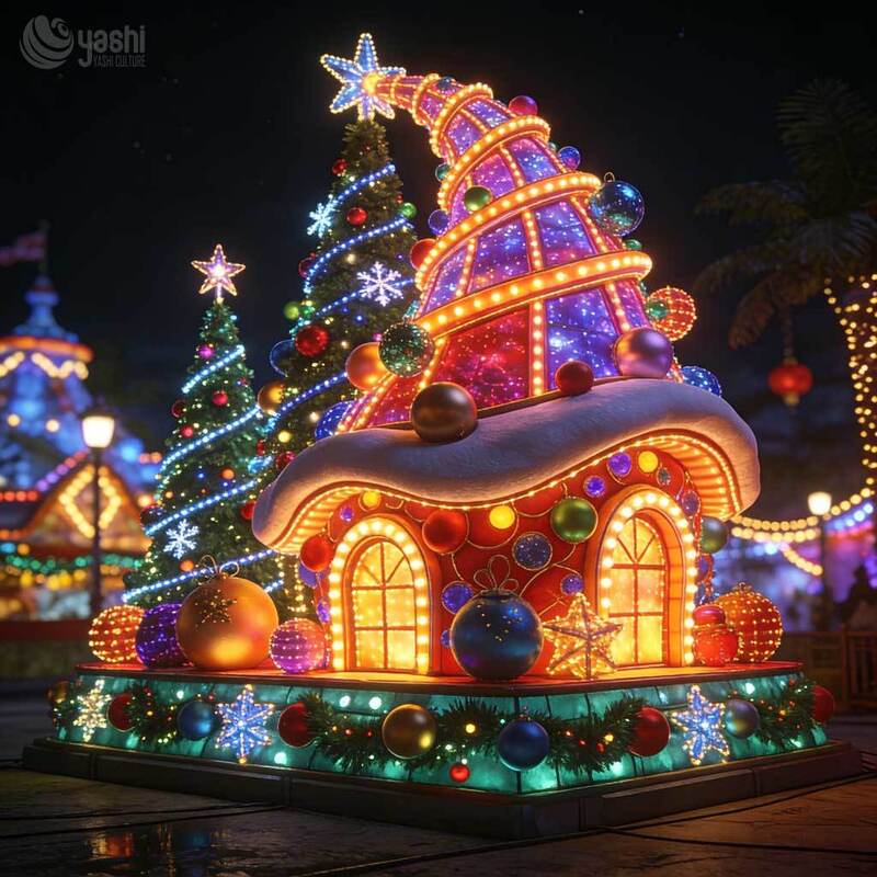 Giant Elf Roof Christmas House Light Sculpture, Custom Outdoor LED Christmas Cabin Lantern with Xmas Tree Set