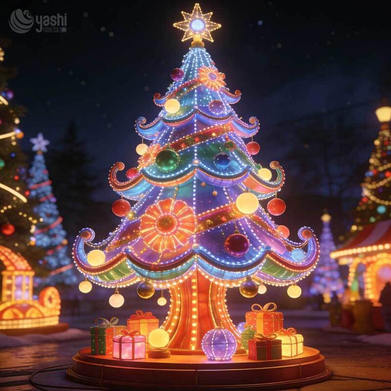 Giant Elf Roof Christmas House Light Sculpture, Custom Outdoor LED Christmas Cabin Lantern with Xmas Tree Set