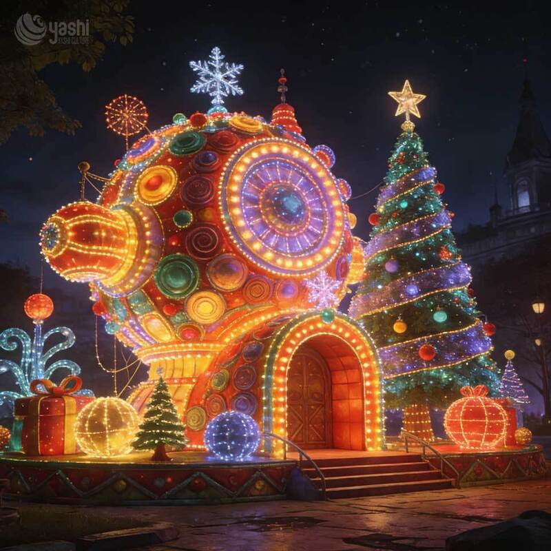 Giant Elf Roof Christmas House Light Sculpture, Custom Outdoor LED Christmas Cabin Lantern with Xmas Tree Set