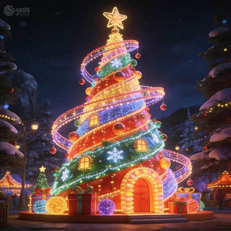 Giant Elf Roof Christmas House Light Sculpture, Custom Outdoor LED Christmas Cabin Lantern with Xmas Tree Set