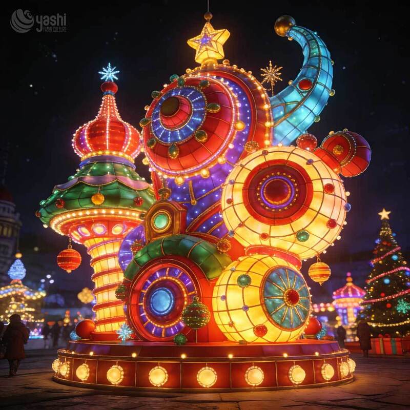 Giant Elf Roof Christmas House Light Sculpture, Custom Outdoor LED Christmas Cabin Lantern with Xmas Tree Set