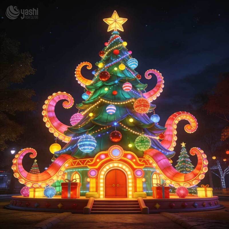 Octopus Tentacle Christmas Tree House Light Sculpture, Custom Outdoor LED Christmas Lantern for Holiday Light Show